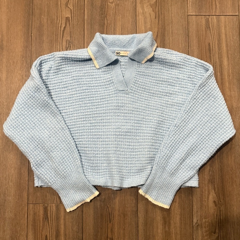 SO Waffle Knit Collared Sweater XL Blue Cropped Preppy Butter Soft Pullover